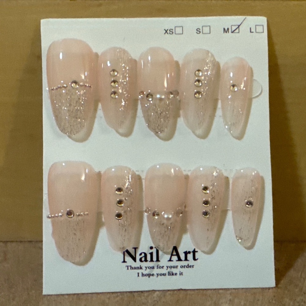 Nude Pink Press On Nails Almond Shape Silver Glitter Rhinestone Medium Size 10pc
